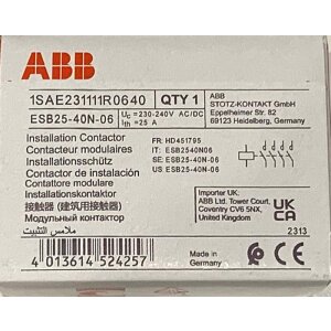 Power contactor ABB ESB 25-40, 400 volts, 25A, 17KW (AC1), 4KW(AC3)
